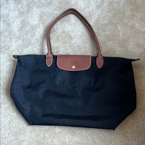 Longchamp Black Tote Bag with Brown Handles
